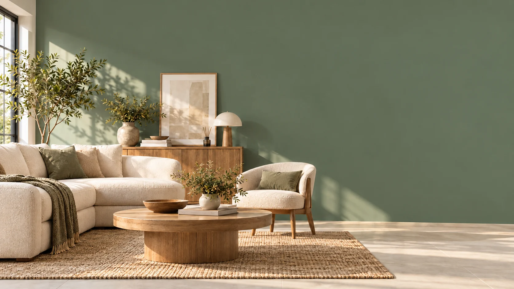A living room with a sofa, coffee table and warm neutral finishes